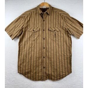 Rei Button-Up Shirt Men's Large Brown Tan Organic‎ Cotton Striped Short Sleeve